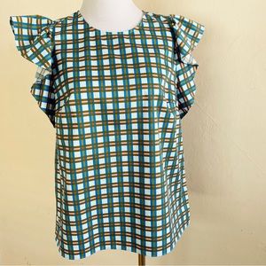 Kate Spade Plaid Blouse Small Flutter sleeve Blue Pink Cotton Preppy Office